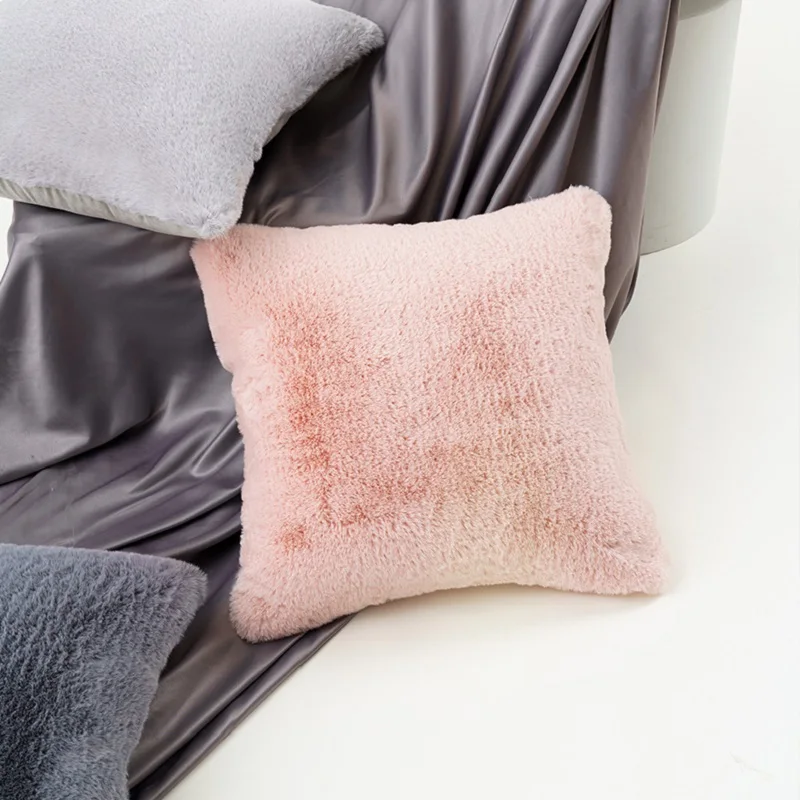 Pink Gift Luxury Throw Pillow Case Faux Rabbit Fur Cushion Cover with Zipper Soft Cozy Bedroom Sofa Couch Decor Coussin Canapé
