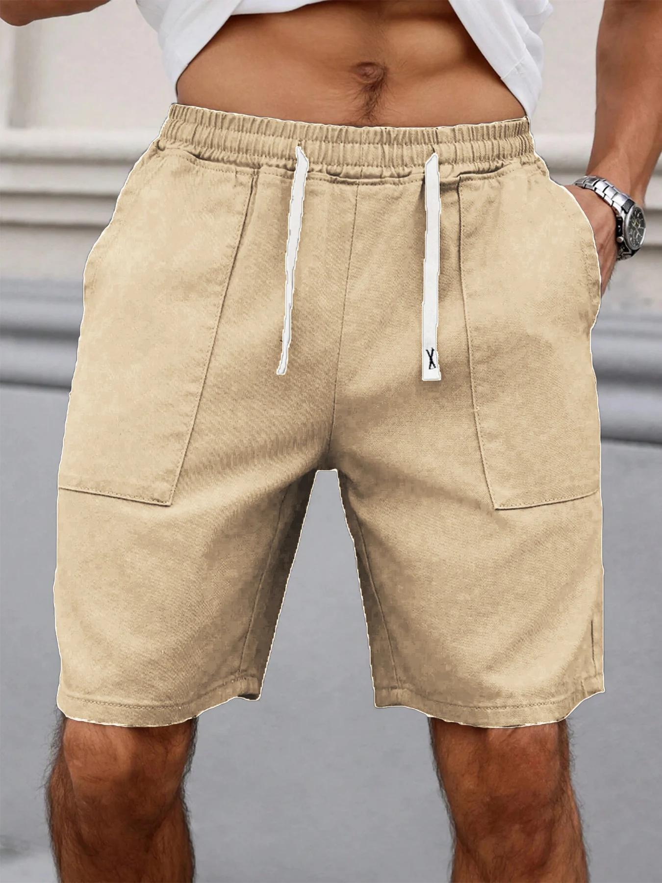Sommer Herren Retro Amerikanischer Stil Shorts mit Kordelzug Lässige Hosen Einfarbig Trendige Mittellange Herrenshorts – Detail 3