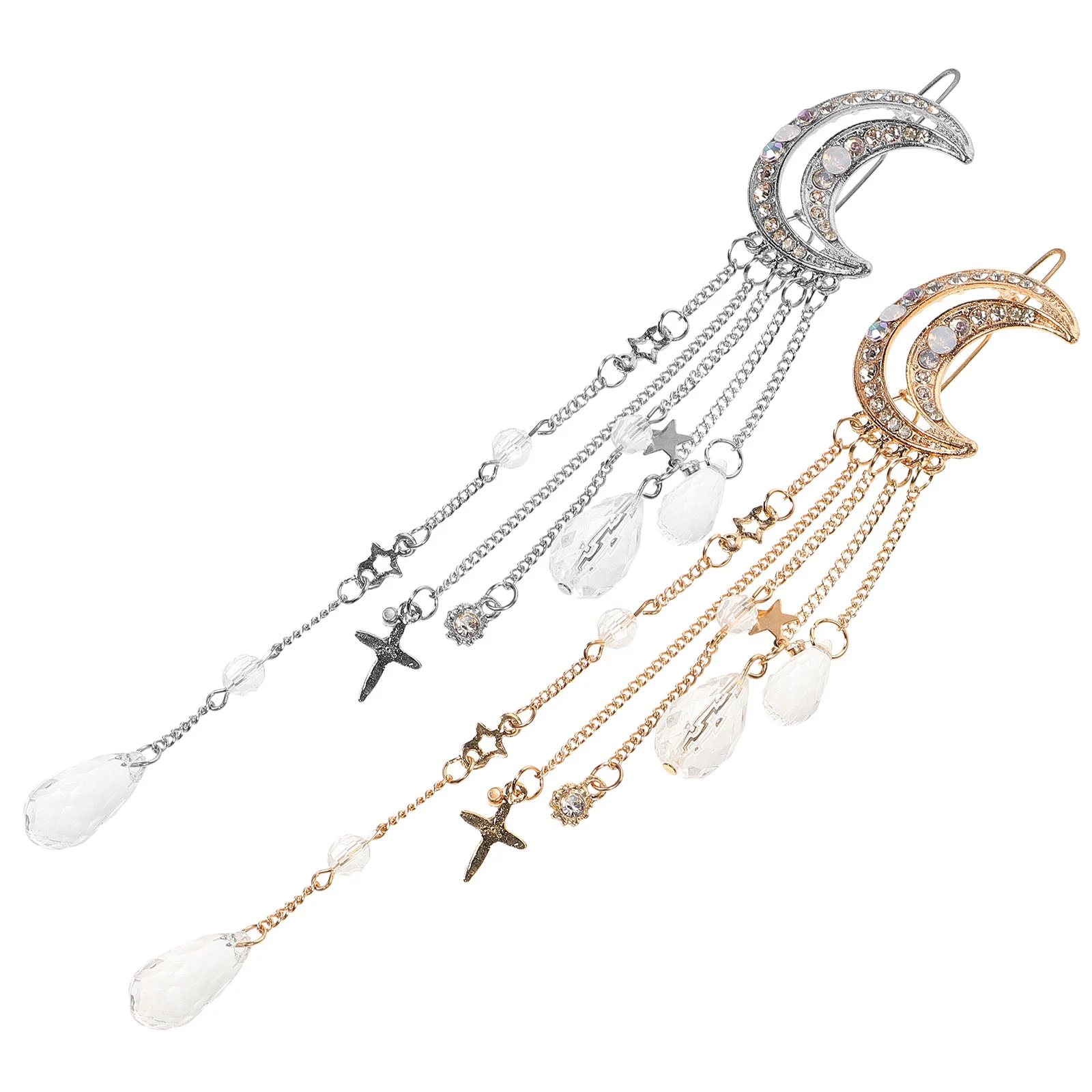 

2 Pcs Wedding Hair Clip Moon Tassel Five-Pointed Star Pendant Barrettes Rhinestone Clips Bobby Pins