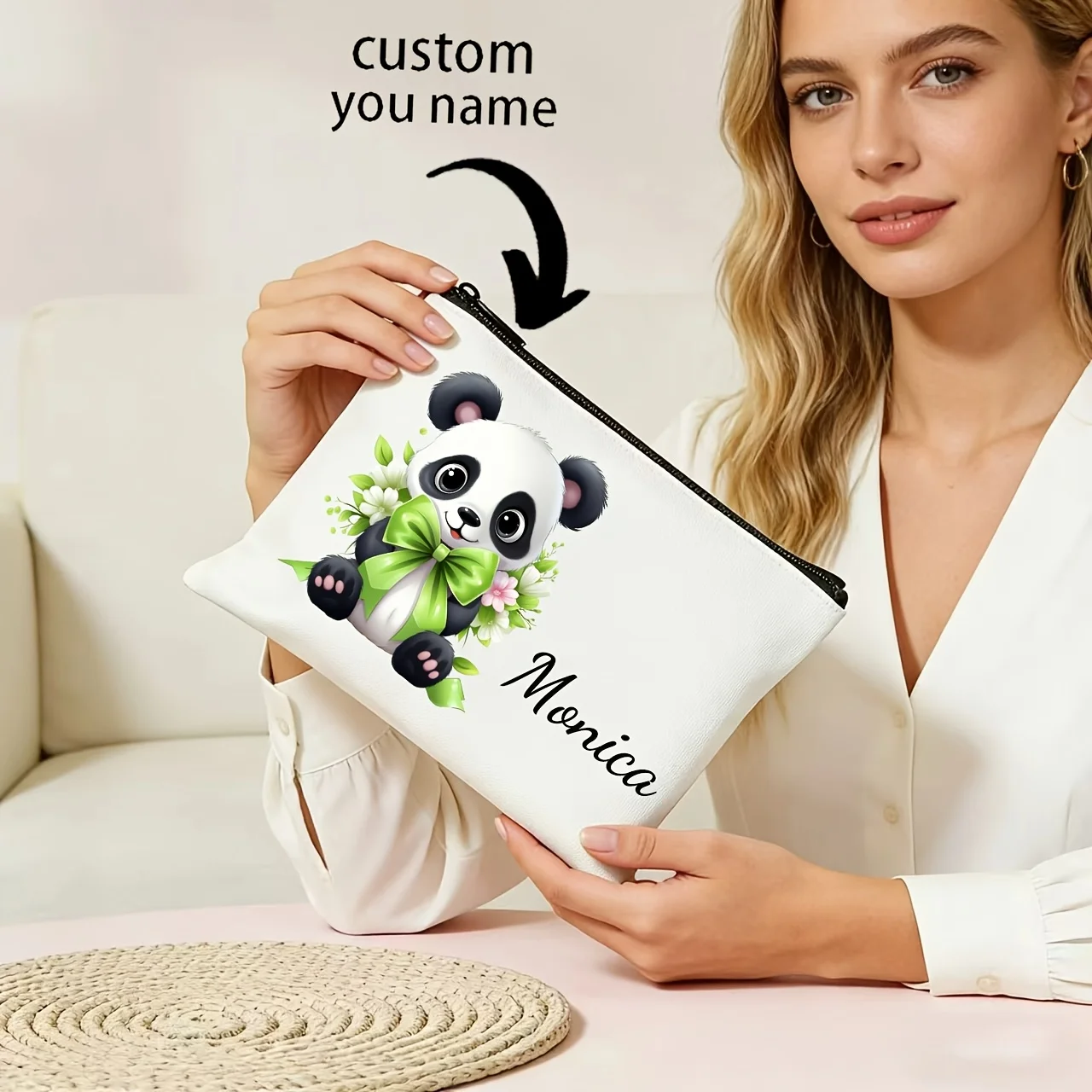 

Personalized Name Custom Makeup Bag - A Chubby Panda with a Green Bow Tie Hides Both Cuteness and in This Bag