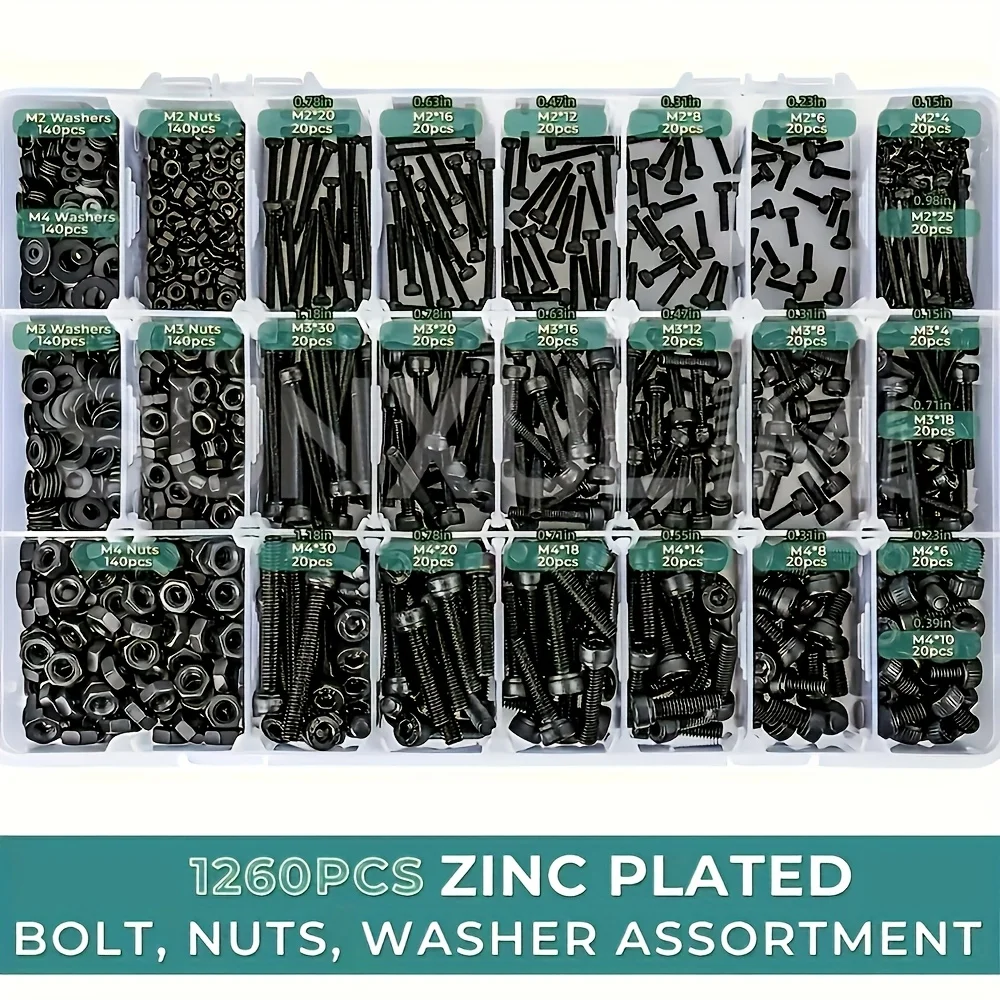 1260Pcs M2 M3 M4 Hex Socket Head Cap Screws Nuts Washers Assortment Kit 12.9 Alloy Steel Metric Bolts Set for Mechanical Repair