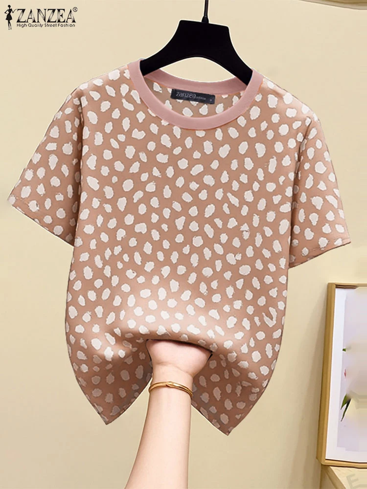 

ZANZEA Women Casual Printing Blouses Fashion Contrast-Color O-Neck Short Sleeve Blusas Mujer 2025 Summer Lightweight T-Shirts