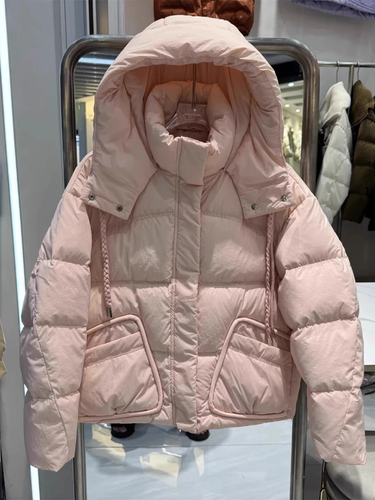 

2025 Winter New Down Jacket Women's Short Hooded Braid Design Thickened Loose Warm Fashion Casual White Duck Down Coat