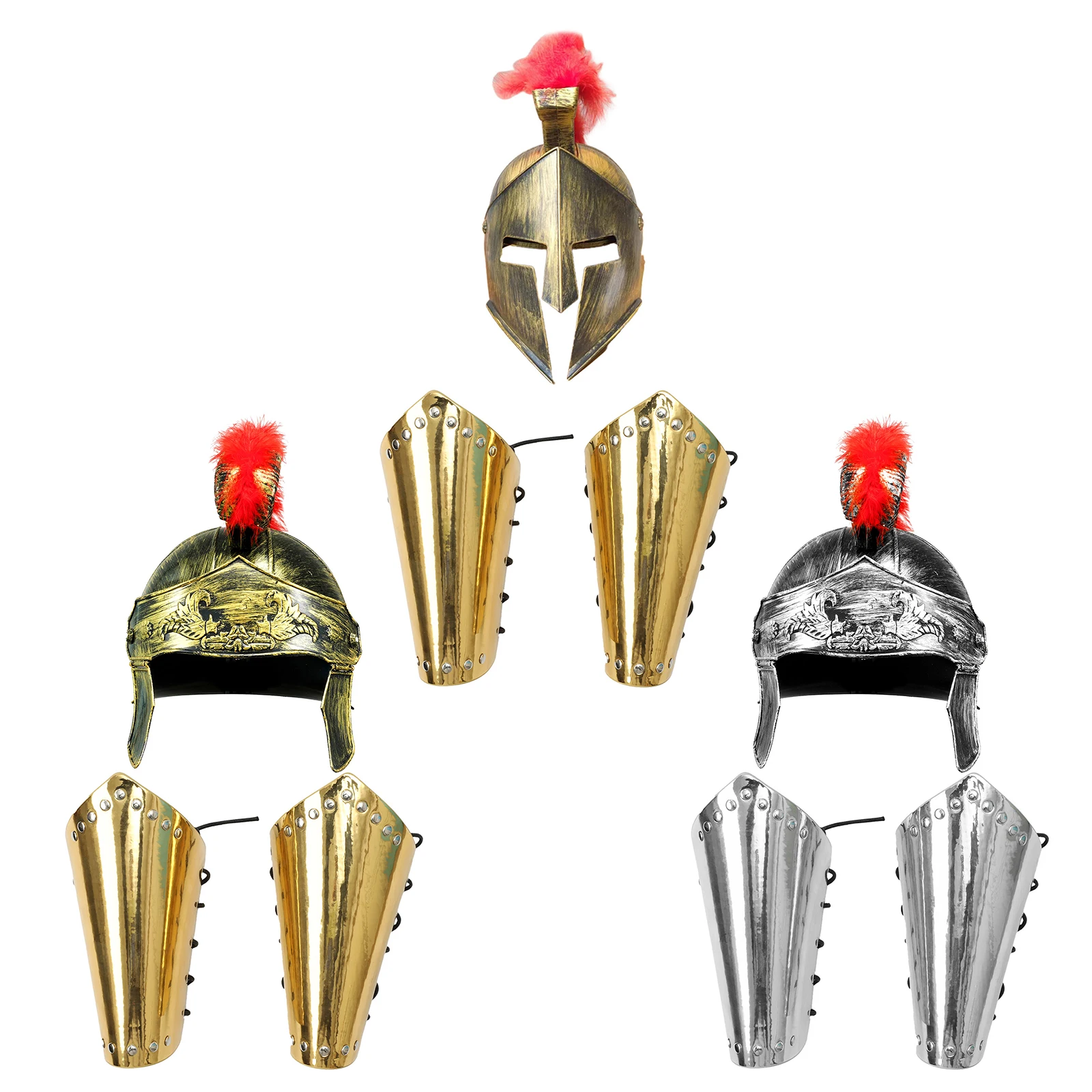 Men Medieval Armour Spartan Warrior Headwear Helmet And 2pcs Faux Leather Hand Wrist Guard for Knight Cosplay