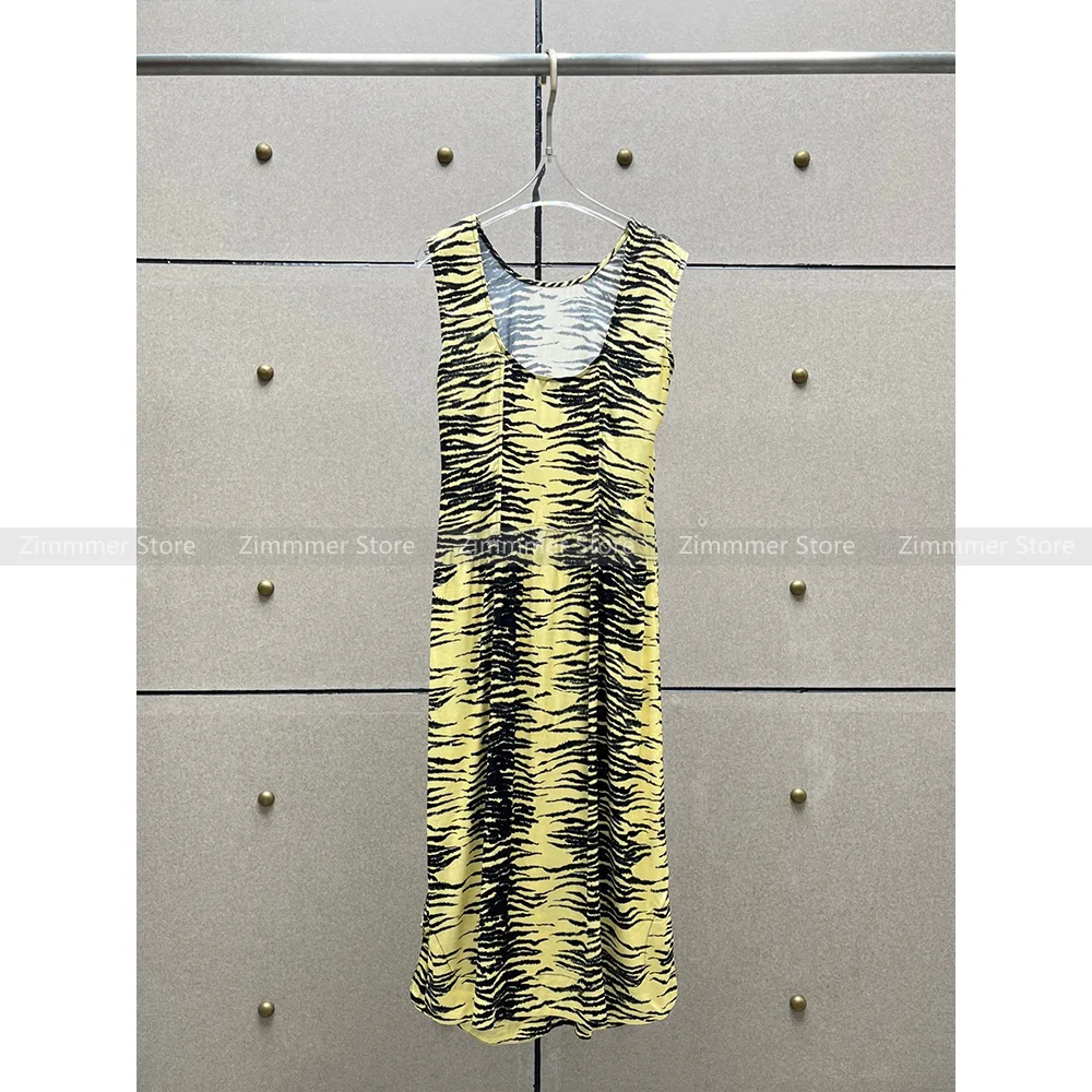 

24 Spring Summer New Women's Niche Fashion Colour-blocking Tiger Stripe Print U Neck Long Sleeveless Dress