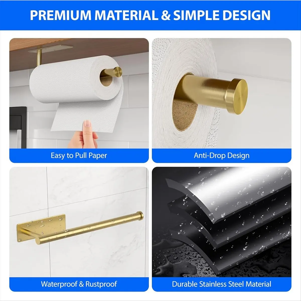 A45I Paper Towel Holder Under Cabinet, Self-Adhesive,No Drilling, Stainless Steel, Wall-Mounted for Kitchen, Home, RV Gold
