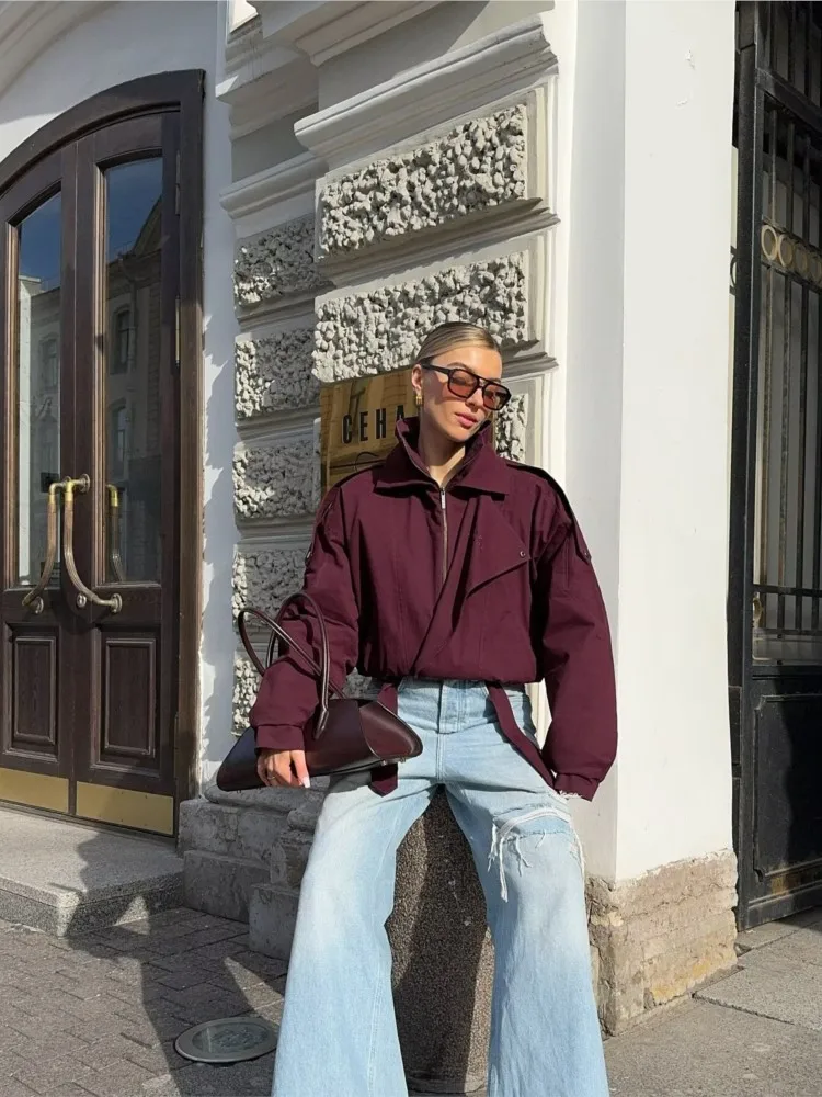 

HipSeam куртка с высоким воротом женская осенняя мода Highstreet короткая куртка с отложным воротником и карманами на плечах женская куртка