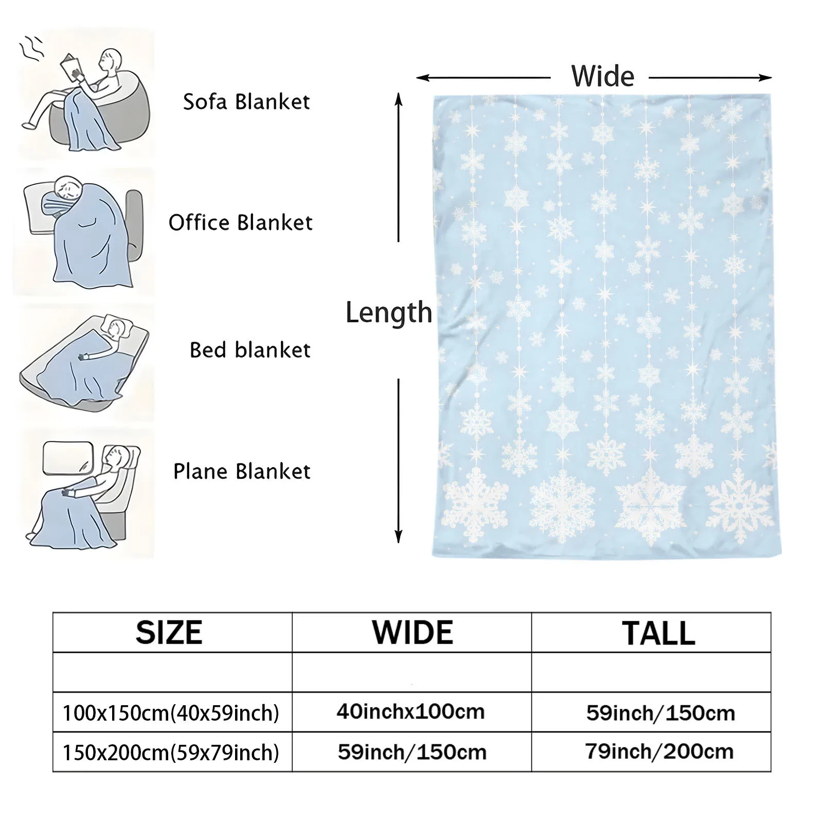 Light Blue Background Vertical Hanging White Snowflake Star Garland Flannel Throw Blanket Winter Soft Travel Blanket Xmas Gift