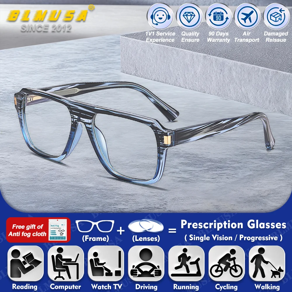 

BLMUSA (M) High Quality Square Myopia Prescription Computer Glasses Blue Light Filter Photochromic Multifocal Eyeglasses For Men