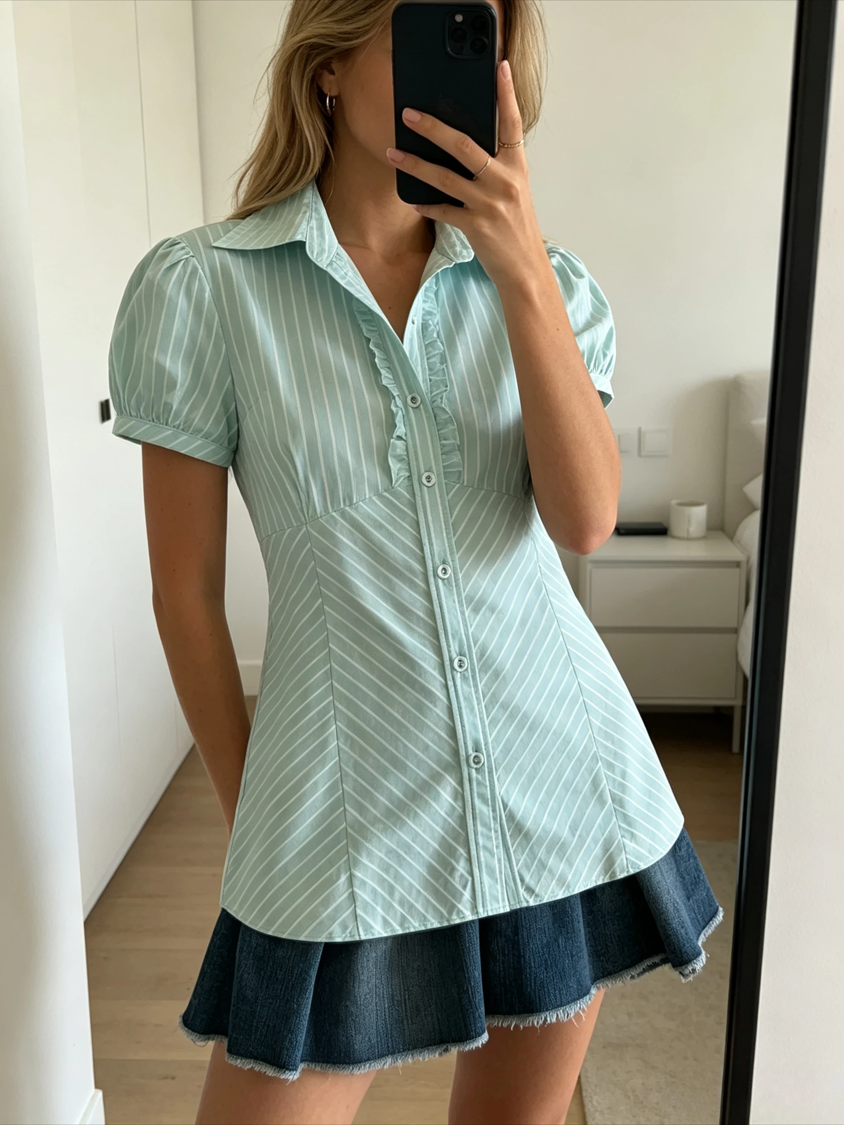 Mint Green Stripe Short Shirt Puff Sleeve Lapel Collar Ruffle Trim Button Front Slim Waist Tailored Summer Blouse Top