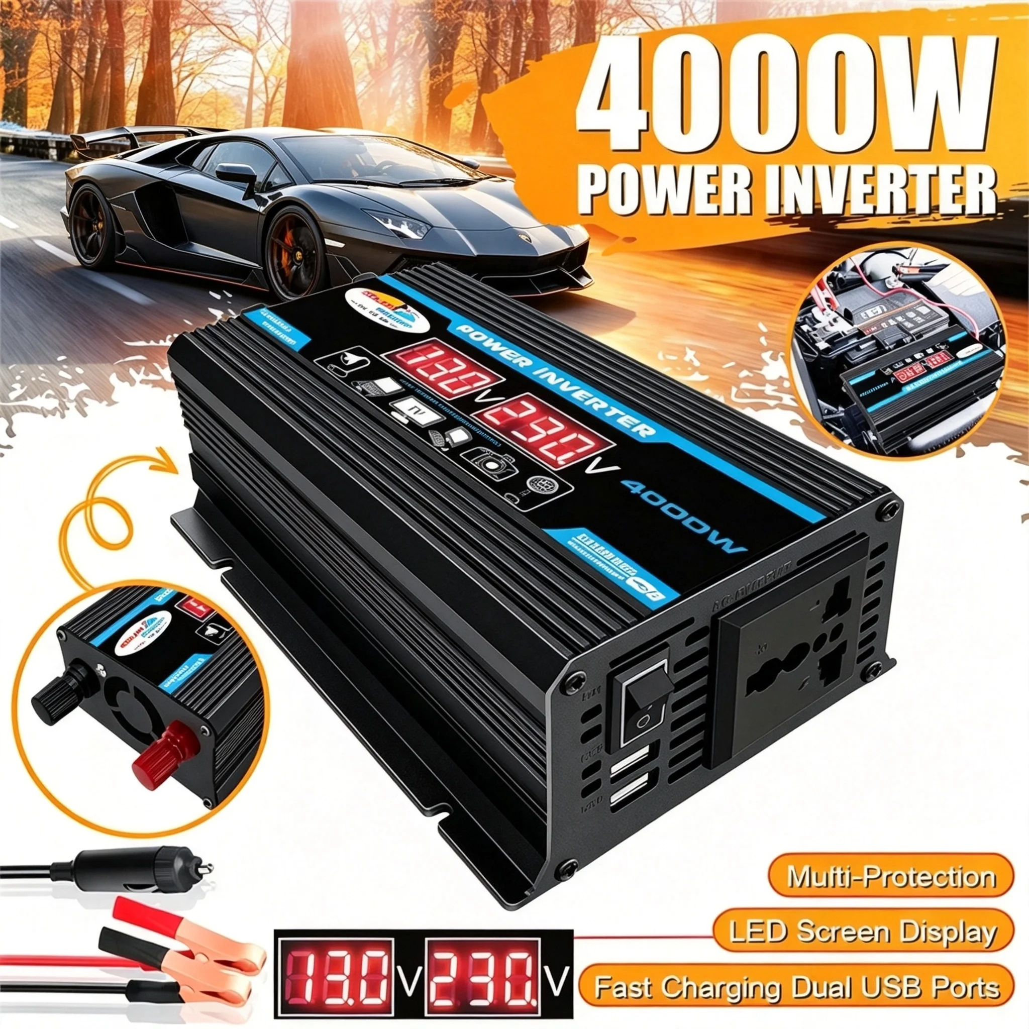 Car Power Inverter, 4000W Peak Car Inverter, Rated Power 300W/12V to 220V, Universal Socket for Car Cigarette Lighter/Battery Clamp Conversion, Universal Portable Adapter, Car Charger, Outdoor Gear, Suitable for Street Vending, Vehicles, Camping, Office, Road Trips. Fast Charging Car Charger.