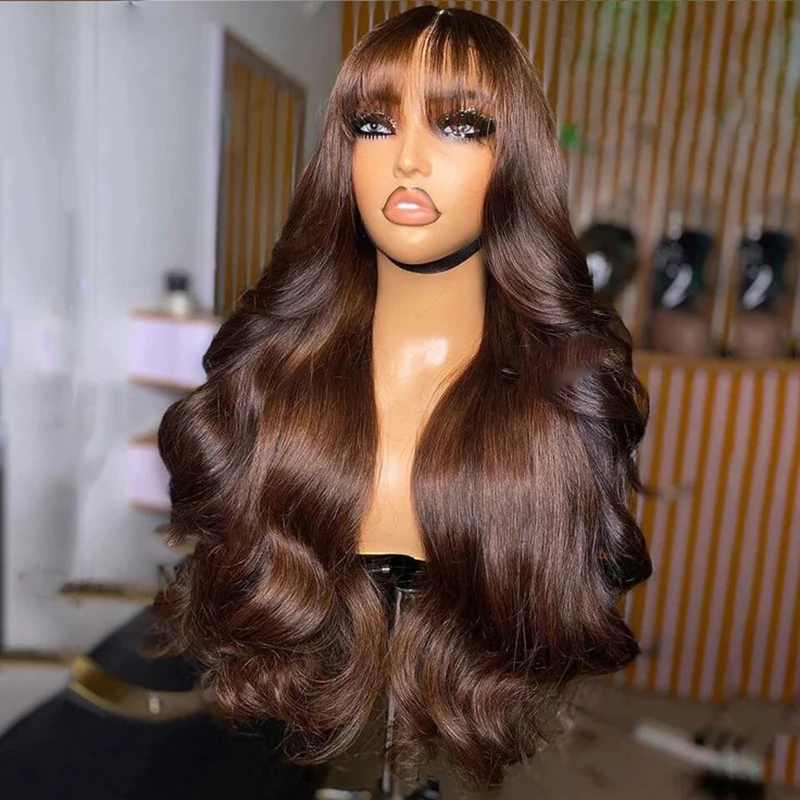 Chocolate Brown 13x6 HD Lace Frontal Human Hair Wig With Bangs Fringe Body Wave Lace Front Wig Colored 4# Cheap Wigs With Bang