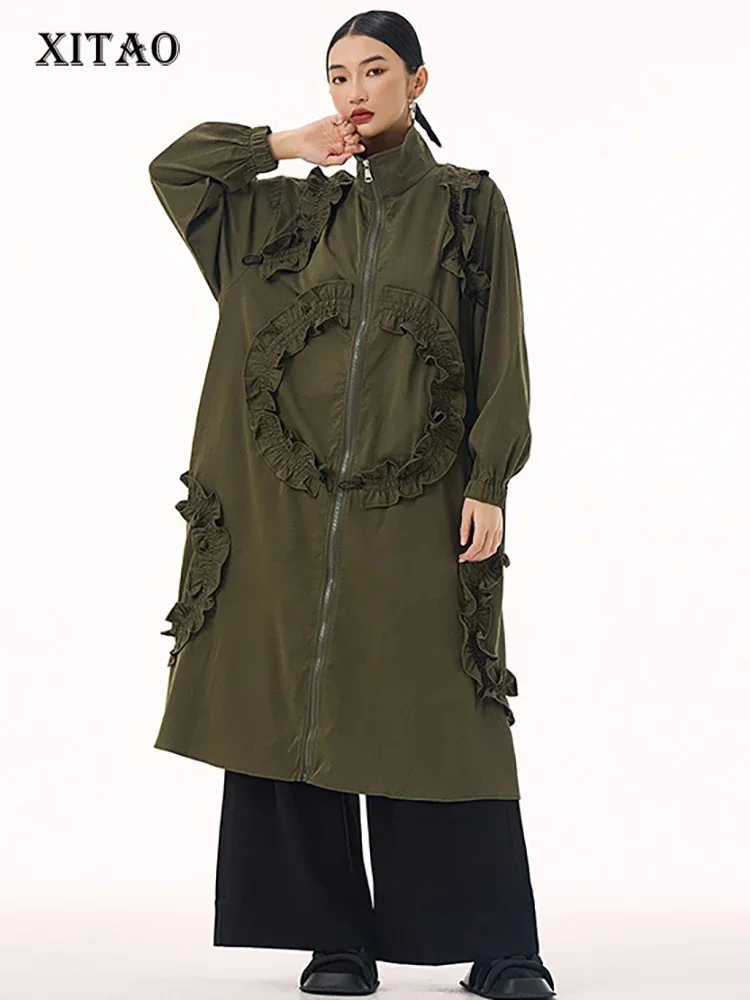 

XITAO Ruffles Zipper Patchwork Female Trench Casual Solid Color Full Sleeve Fashion A-line Turtleneck Spring Women Coat GMM1185