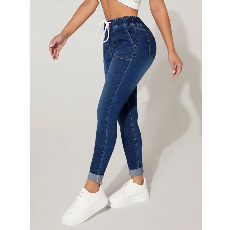 Jeans com cordão feminino, elástico na cintura, cintura alta, comprimento total, calça lápis stretch