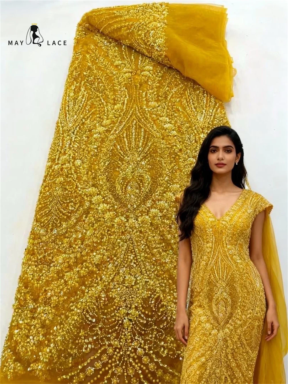 

Gold Tulle Beaded Sequins Lace Fabric, Nigerian African Lace Fabrics for Wedding Party,French Tulle, High Quality, 5 Yards, 2025