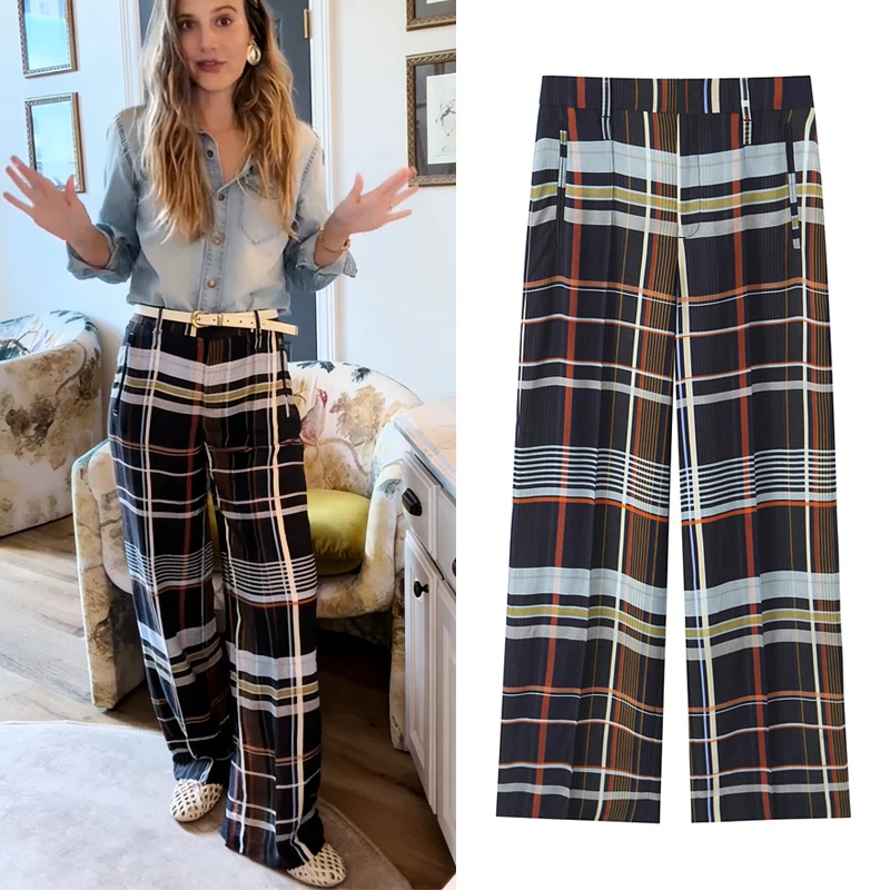 Pantalones de mujer a cuadros de pierna ancha, de cintura alta, holgados, casuales, estilo urbano, primavera 2026, con estampado a cuadros, de corte recto