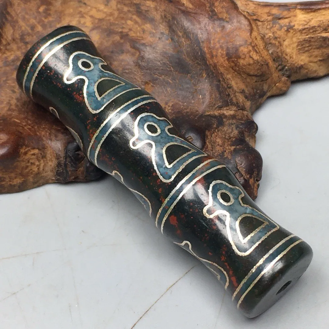 Tibetan Cinnabar Old Agate Dzi Inlaid Silver God of Wealth Bead Pendant S0524