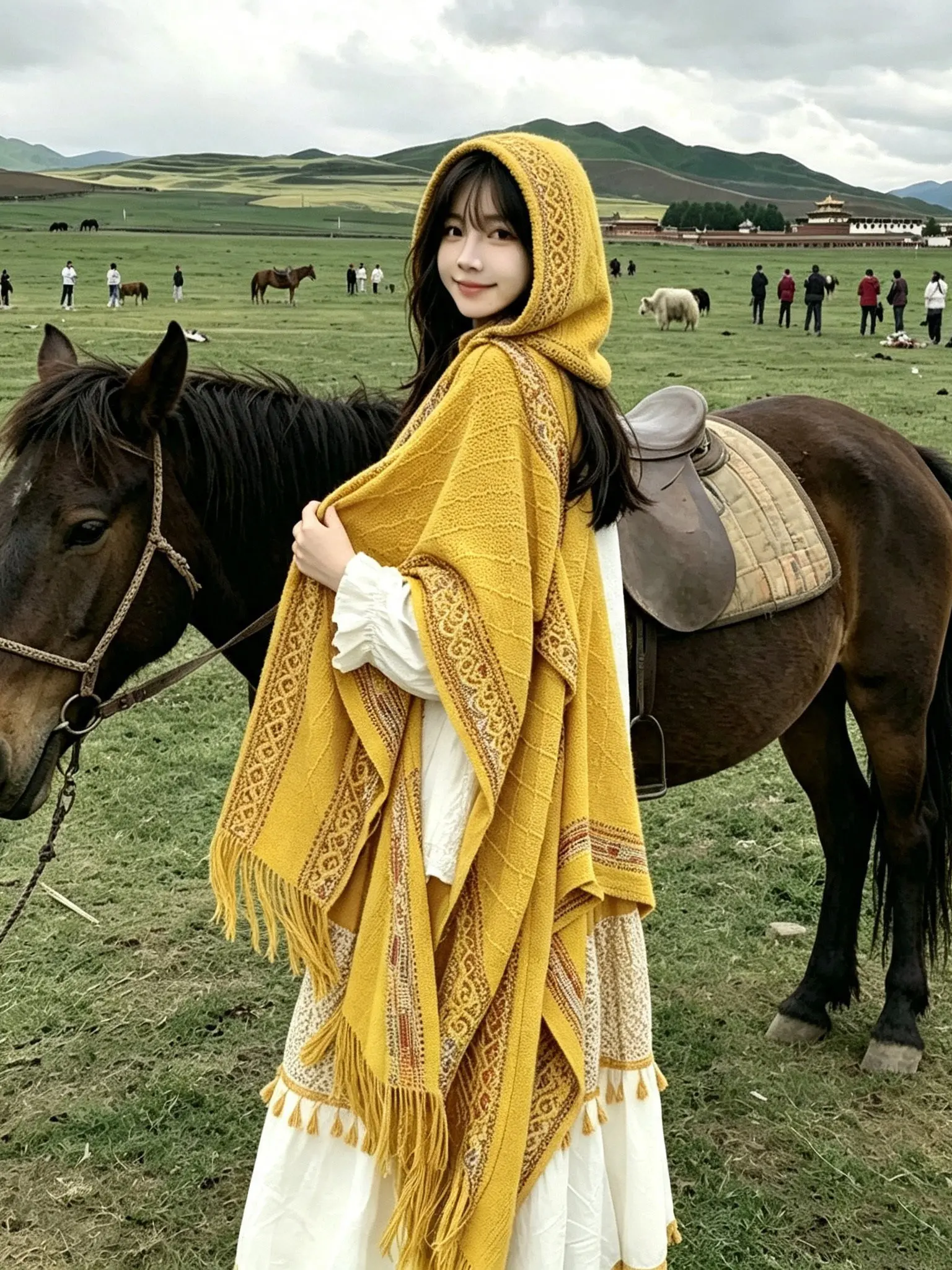 Autumn Bohemian Mongolian Poncho Winter Warm Ethnic Style Cardigan Tassel Shawl Striped Polyester Knitted Cape Coat Overlay D843