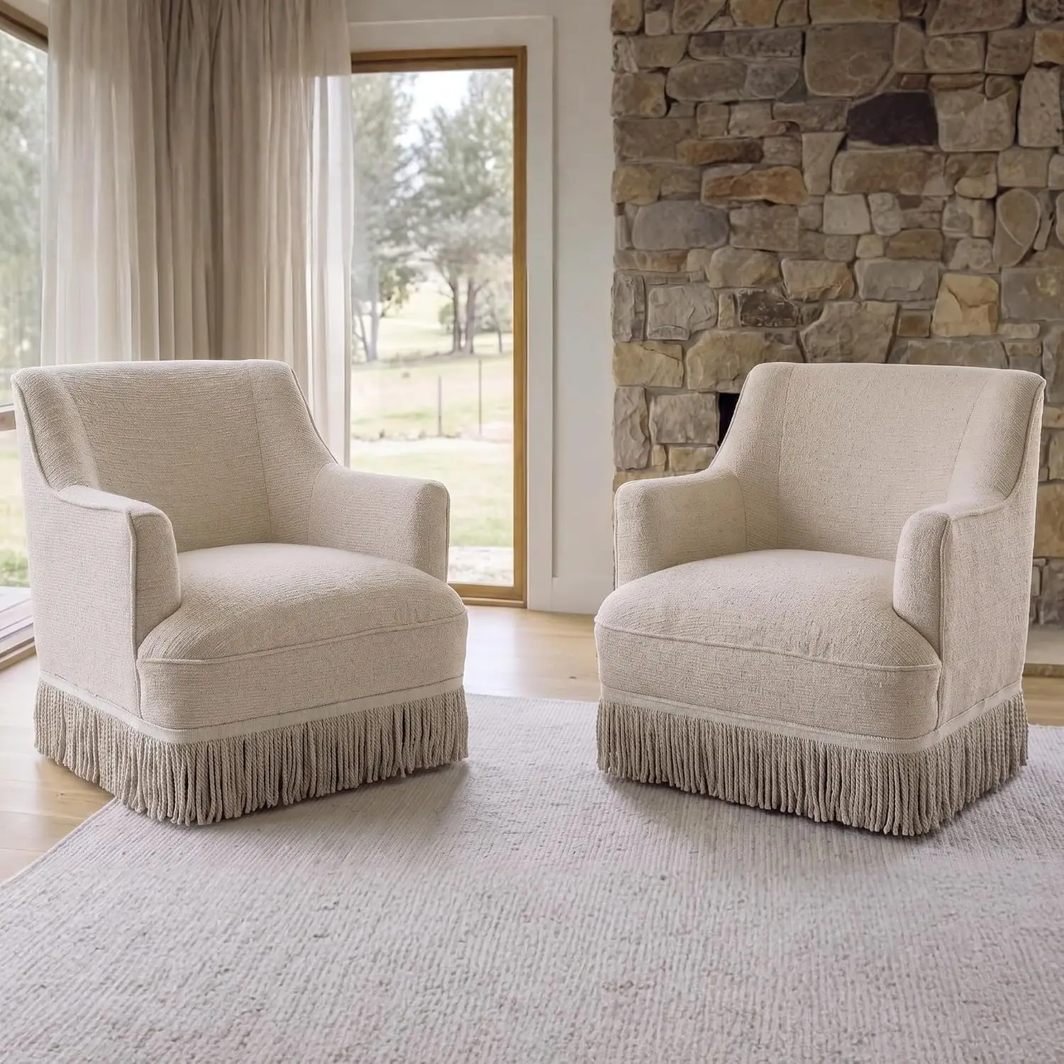 Set of 2 Accent Chairs with Fringe Tassel Skirt, Modern Cream Beige Upholstered Barrel Armchairs, Cozy Lounge Chairs for Living
