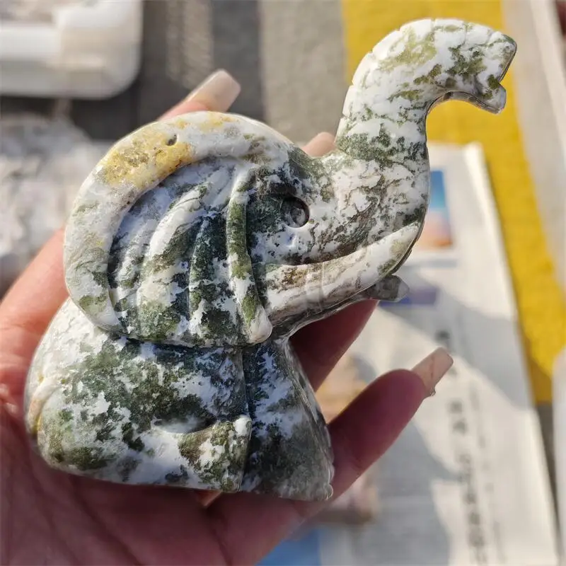 Natural Moss Agate Elephant Carving Statue Reiki Figurine Gemstone Animals Chakra Healing Product Gift 1pcs