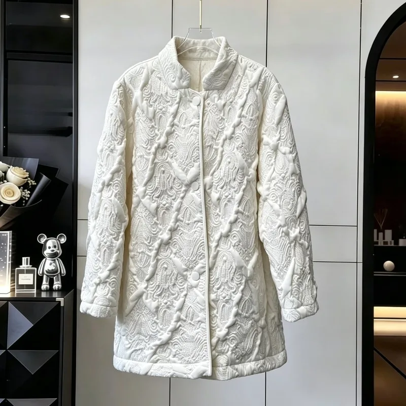 Pleated Embossed Stand Collar Cotton Jacket Winter New Single-Breasted Long Sleeve Loose Elegant Commuter Women's Thickened Coat