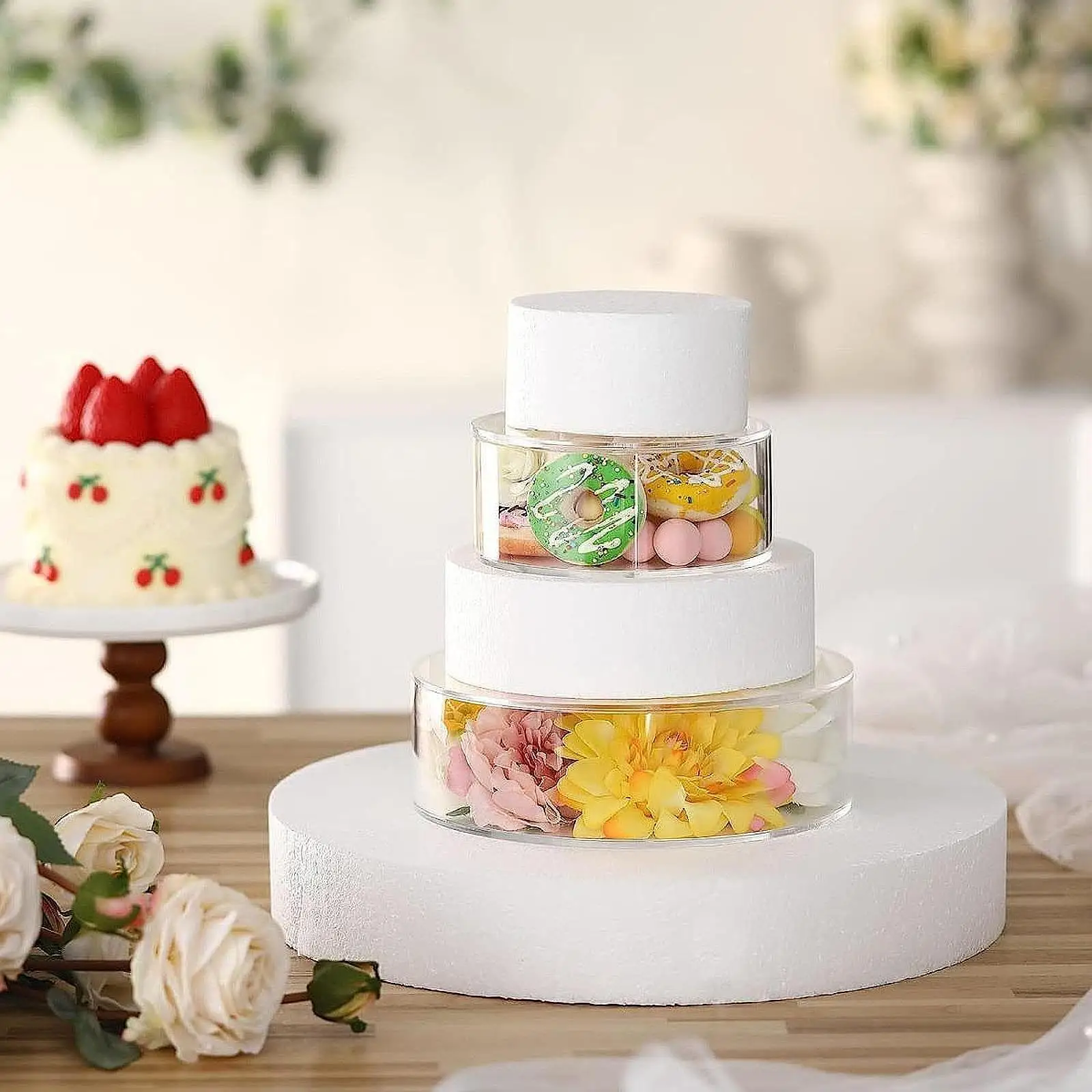 Cylinder Pedestal Stand Clear Acrylic Cake Stand Cake Display Box for Birthday Tabletop Engagement Display Food Party Supplies