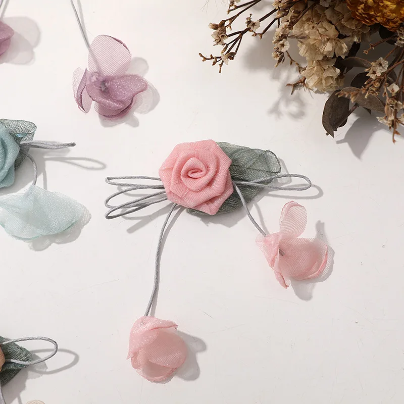 Organza Handmade Hair Clips, flores de rosa, borla doce, pétalas, malha, DIY acessórios de vestuário, atacado, 4pcs