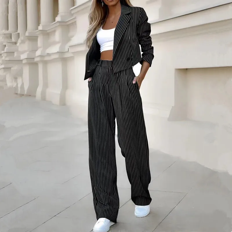 Women Two Piece Set Short Blazer and Pants Set Elegant Long Sleeve Notched Collar Striped Work Coat & Straight Leg Pants Suit