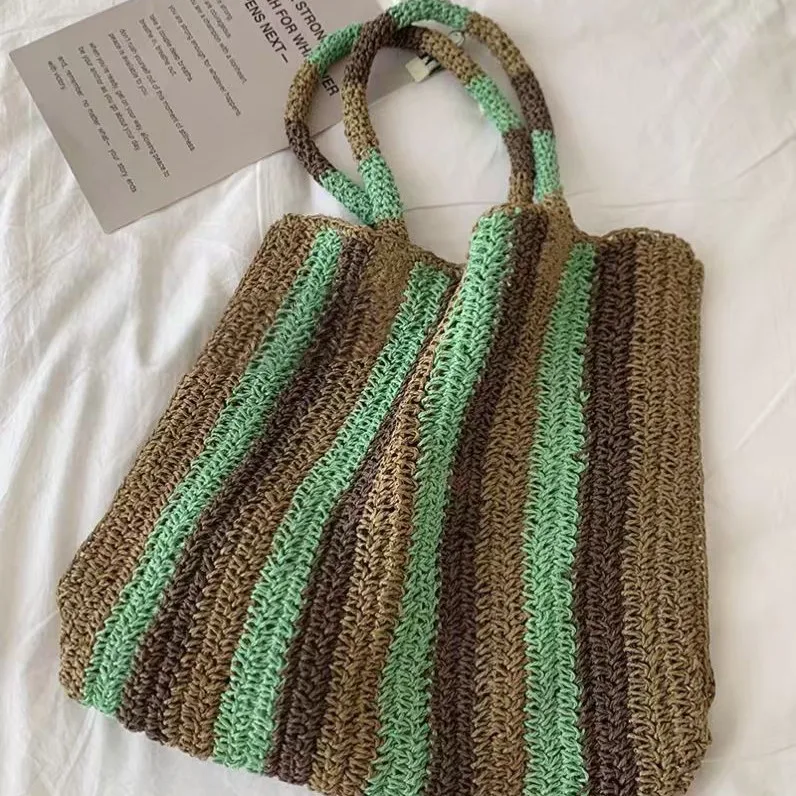 

2025 New Color Blocked Straw Bag for Women's Hand-held Shoulder Bag Hand-woven Beach Bag Large Capacity Tote Bag