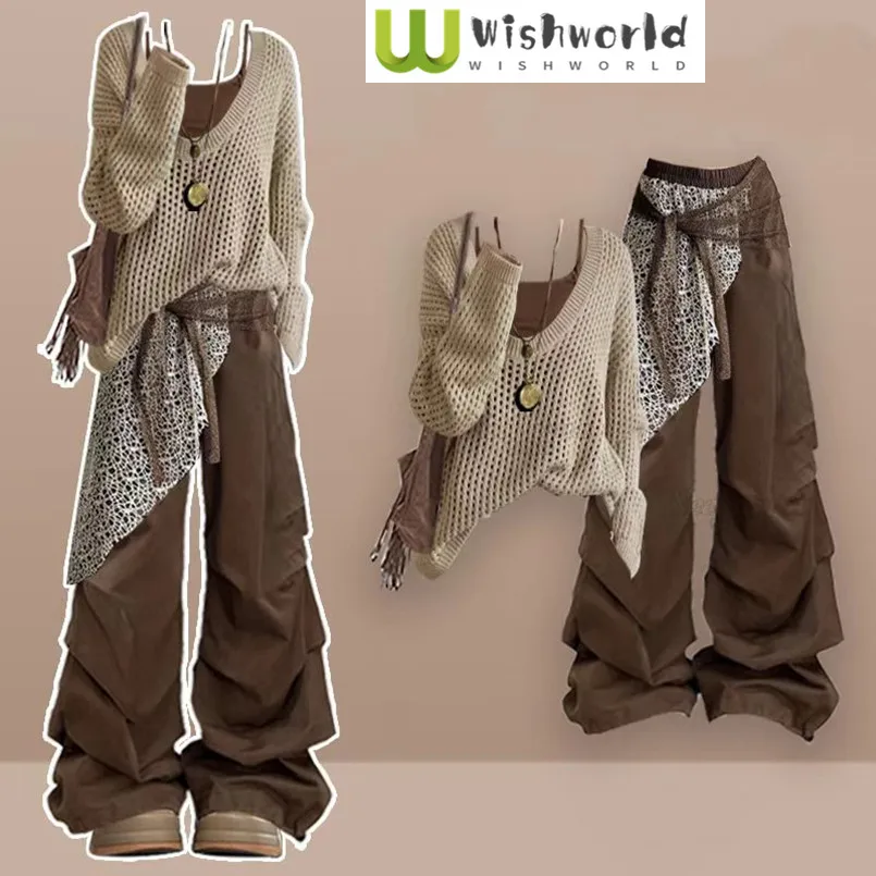 

Модный женский комплект, весенне-осенняя корейская трикотажная рубашка, топ + повседневные рабочие брюки, комплект из двух предметов