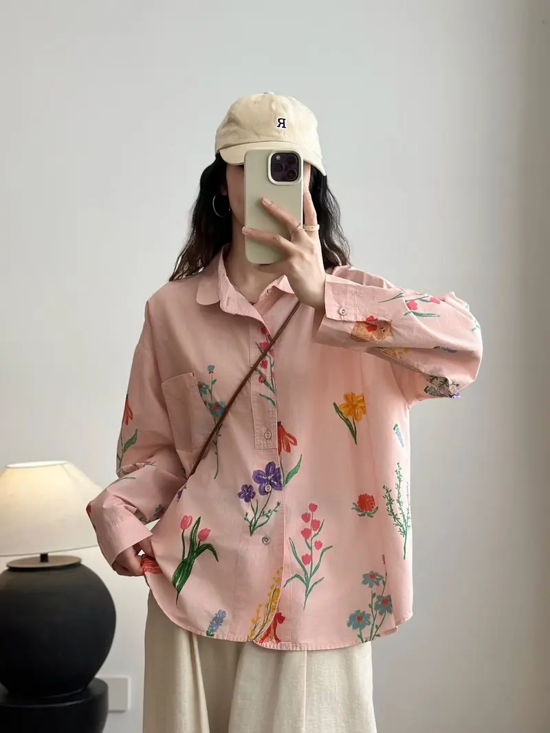 جديد 2025 الخريف قميص قطني بكم طويل ، المرأة بدوره إلى أسفل طوق طباعة ، موري فتاة الفرنسية تخفيض العمر بلوزة فضفاضة T5O676CC #6