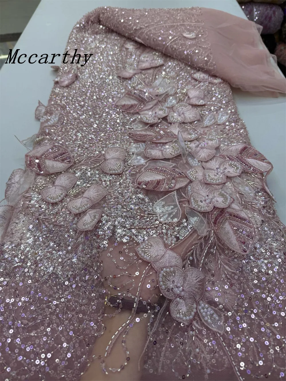 

African Lace Fabric 2025 High Quality French 3D Flower Peach Sequins Embroidery Beads Tulle Lace Fabric For Party Dress 5 Yard
