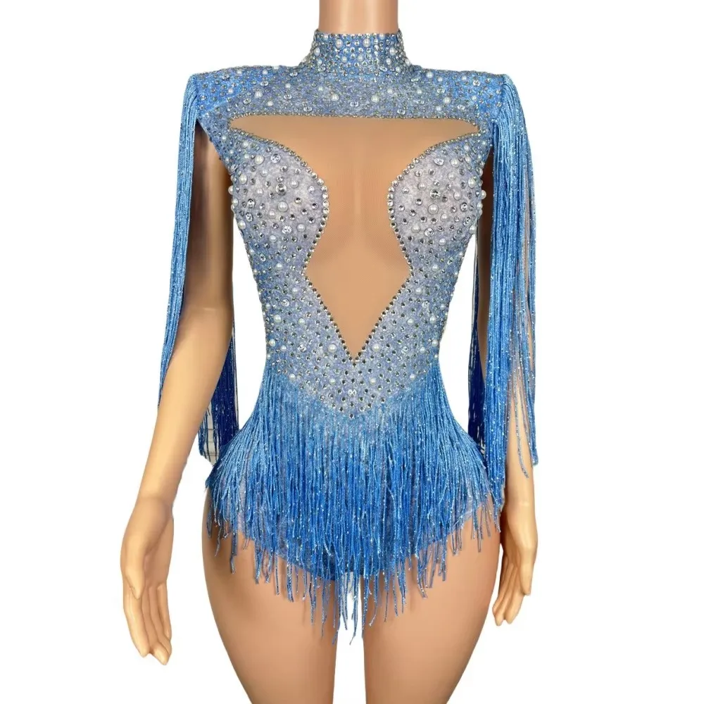 Blue Rhinestone Tassel Bodysuit Sexy Mesh Women's Dance Performance Costume Nightclub Stage Fringe Leotard for Party Show
