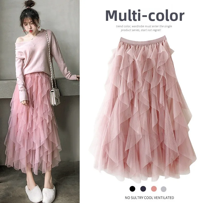 

Новая весенняя женская пышная многоярусная юбка А-силуэта с высокой талией из тюля, однотонная, из полиэстера