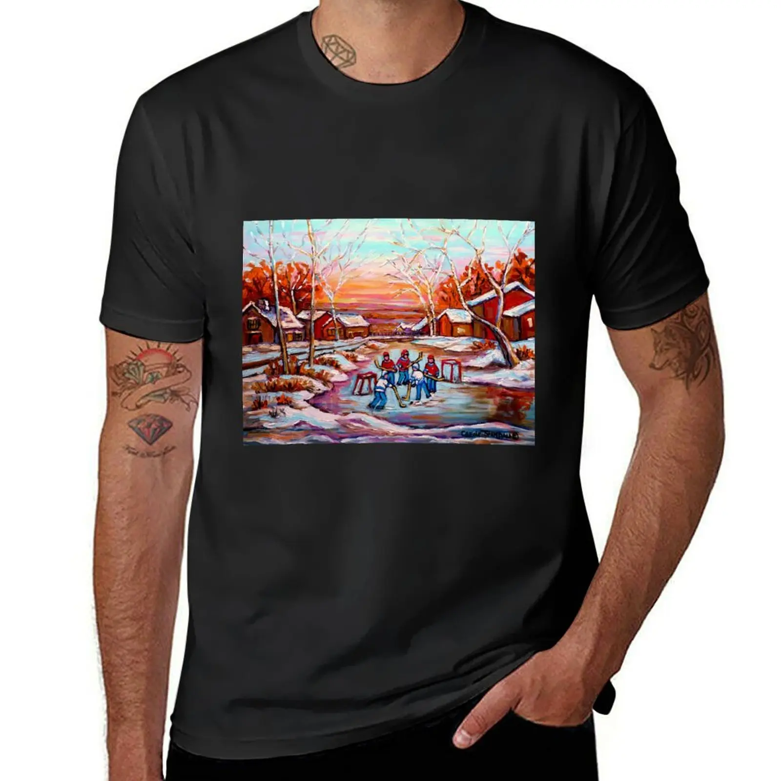 ARTISTS OF CANADA PAINT CANADIAN POND HOCKEY SCENES CAROLE SPANDAU T-Shirt quick-drying funnys t shirts for men graphic