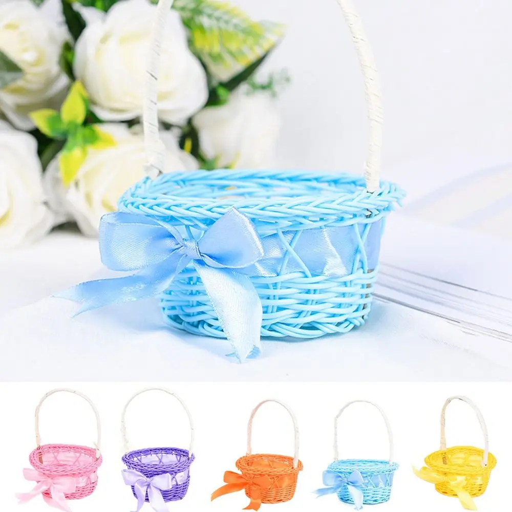 Pink/Purple/Orange/Blue/Yellow Round Small Flower Basket Decorative with handle Hand-woven Flower Basket Imitation Rattan