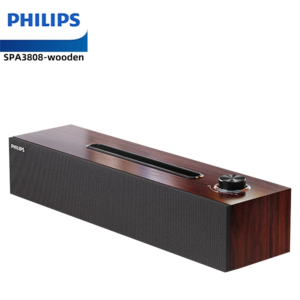 Philips サウンドバー テレビ用 PC スピーカー Soundbar Philips SPA3808 Wired Speaker W/ Phone Bracket Groove Wood Grain