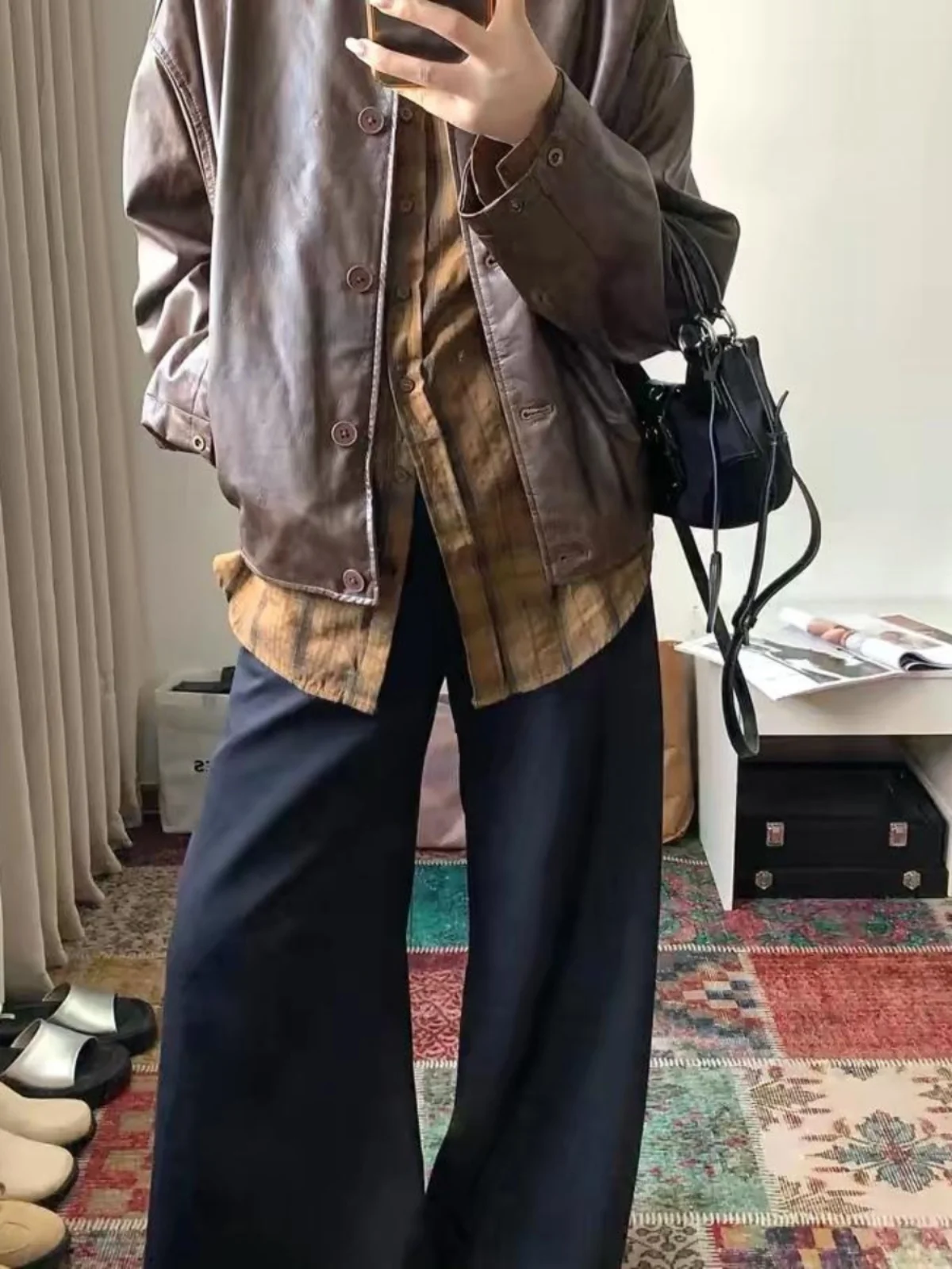 Giacca Americana in Pelle Sintetica Oversize per Donna, Nuova Collezione Primavera Autunno, Stile Vintage con Colletto Alto, Materiale PU