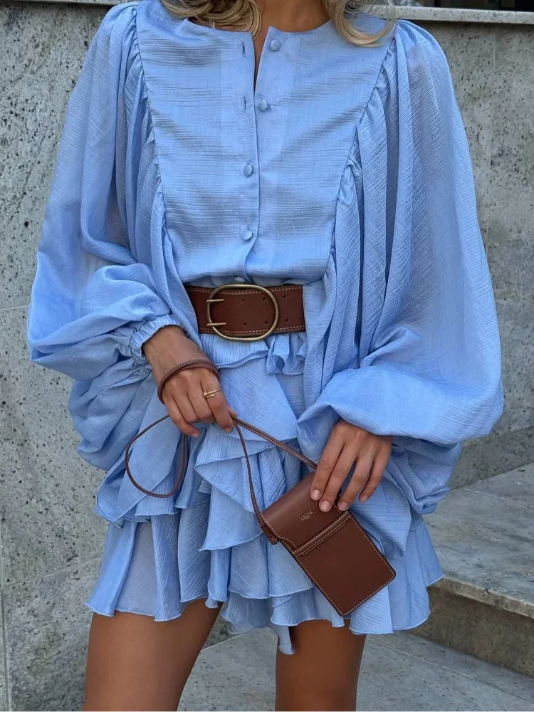 Chic em torno do pescoço manga cheia mini vestido elegante sólido em camadas curling borda único breasted vestido nova senhora highstreet