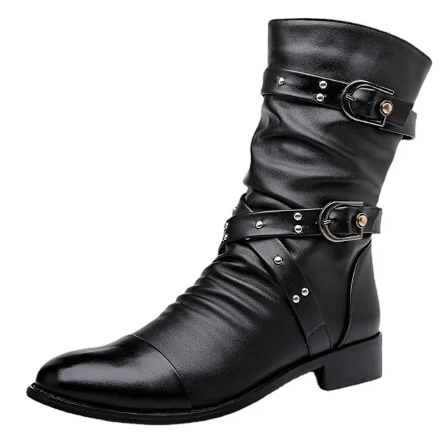 Męskie skórzane buty wysokiej jakości Mid Tube Boots Fashion Classic Autumn Winter Black Punk Rock Shoes Casual Men Womens Plus Size 38--48