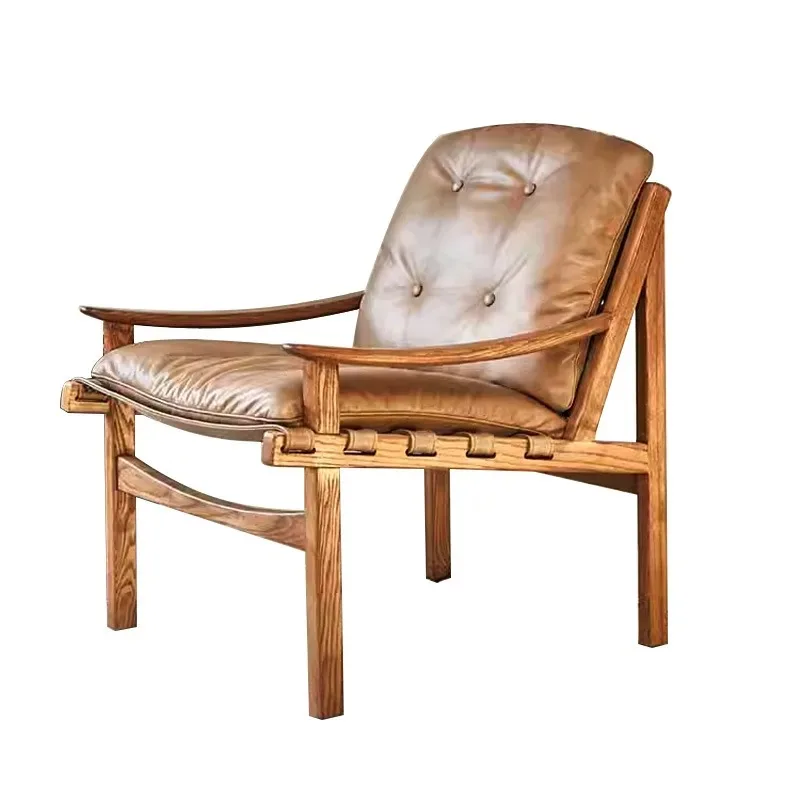 

Medieval single sofa chair wabi high-end furniture solid wood single leisure chair retro style oil wax leather single chair