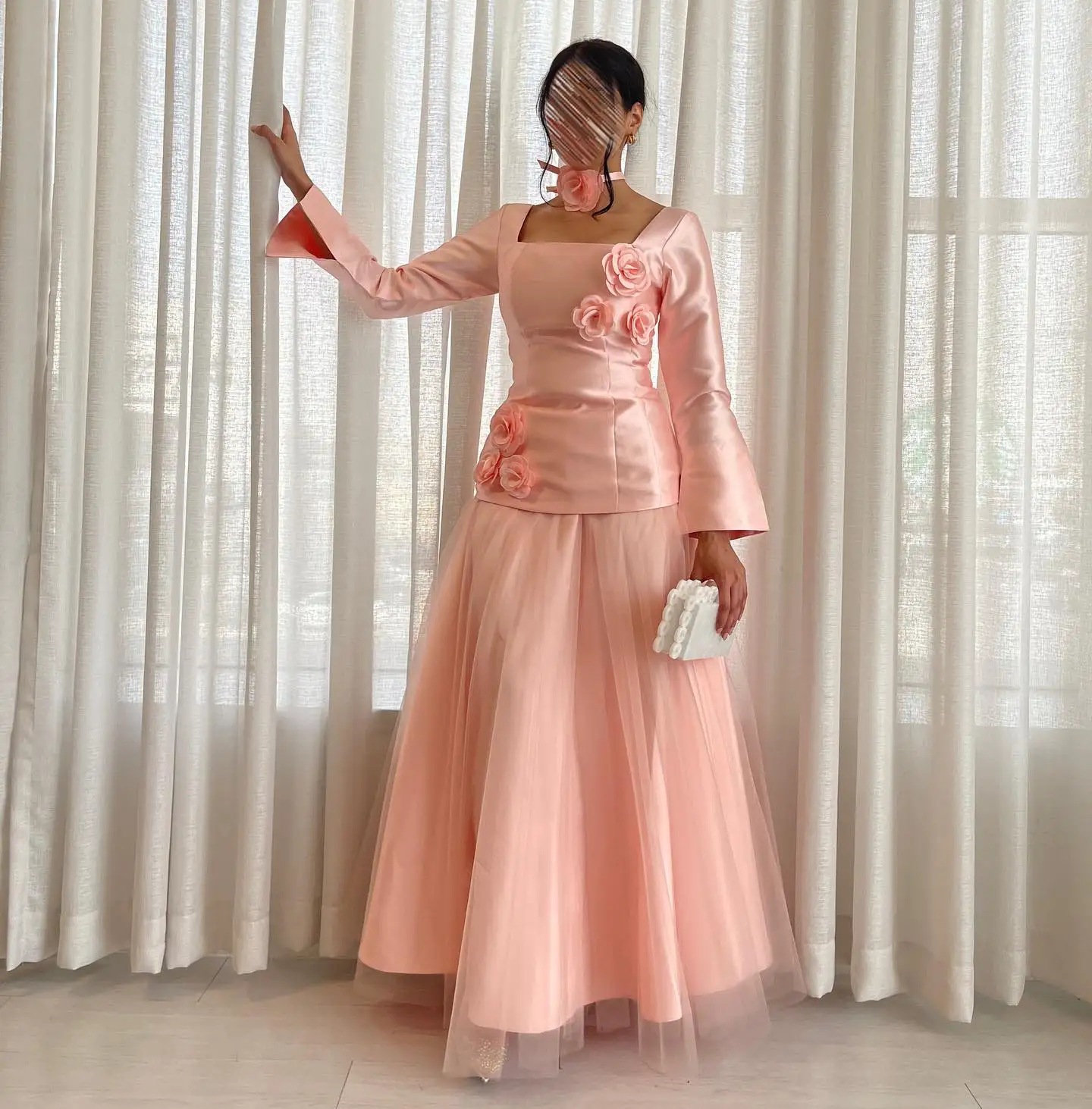 Customized High Quality Satin 3D Flowers Evening Dresses Exquisite Long Sleeves Square Neck Prom Dress Custom Size Par