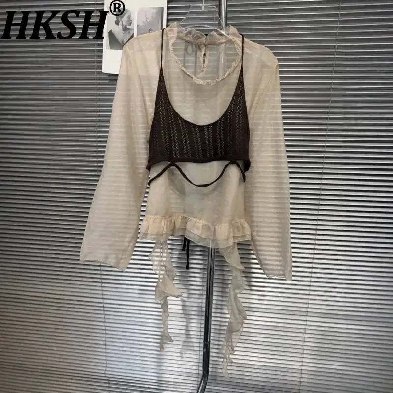 HKSH Women T-shirt Korean Style Elegant Design Patchwork Sheer Slim Blouse Trend Fashion Lace-Up Knit Vest Two Piece Set HK24883