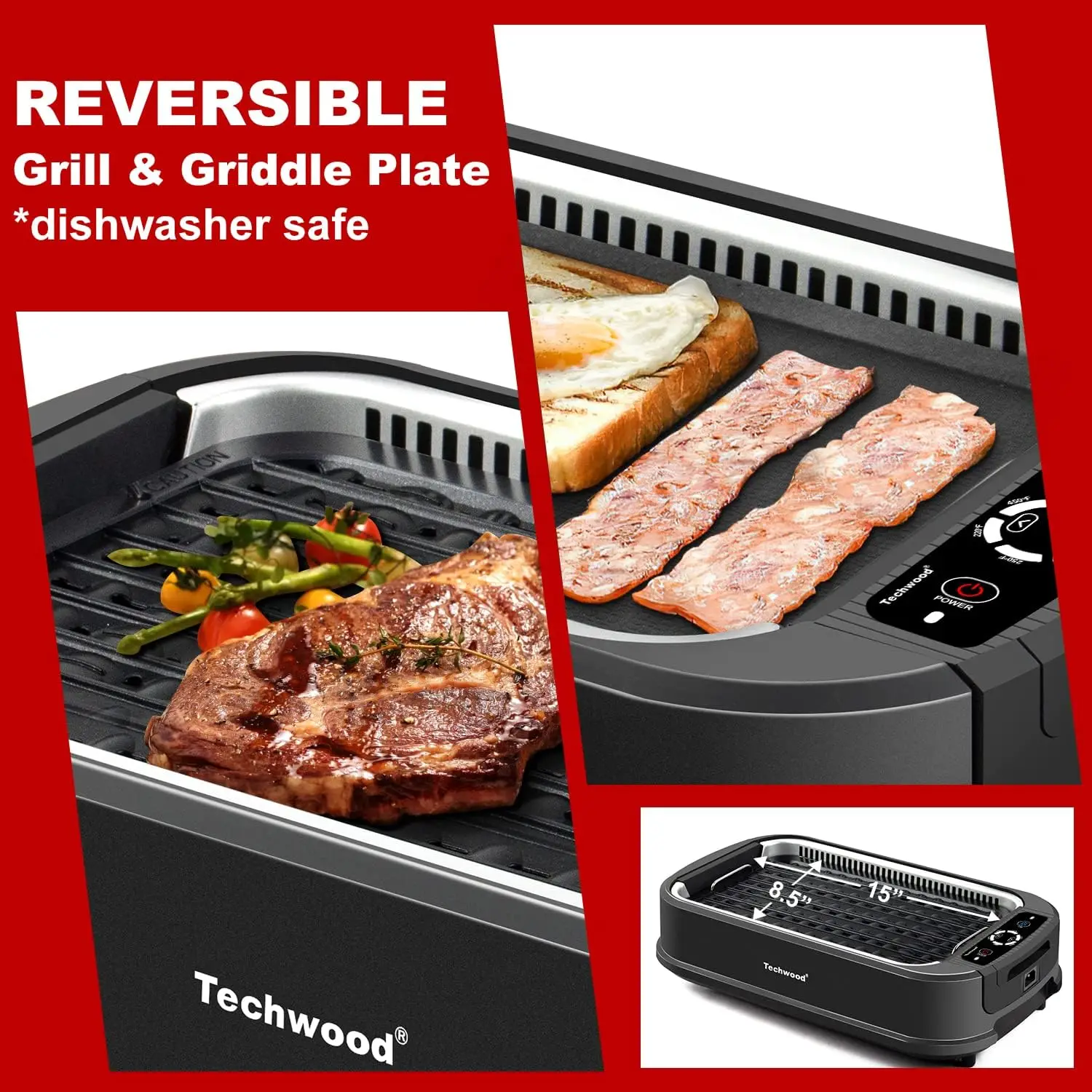 Grill, Techwood 1500W Smokeless Electric Grill with 2 in1 Nonstick Grill/Griddle Plates, Portable Korean BBQ Grill with 6