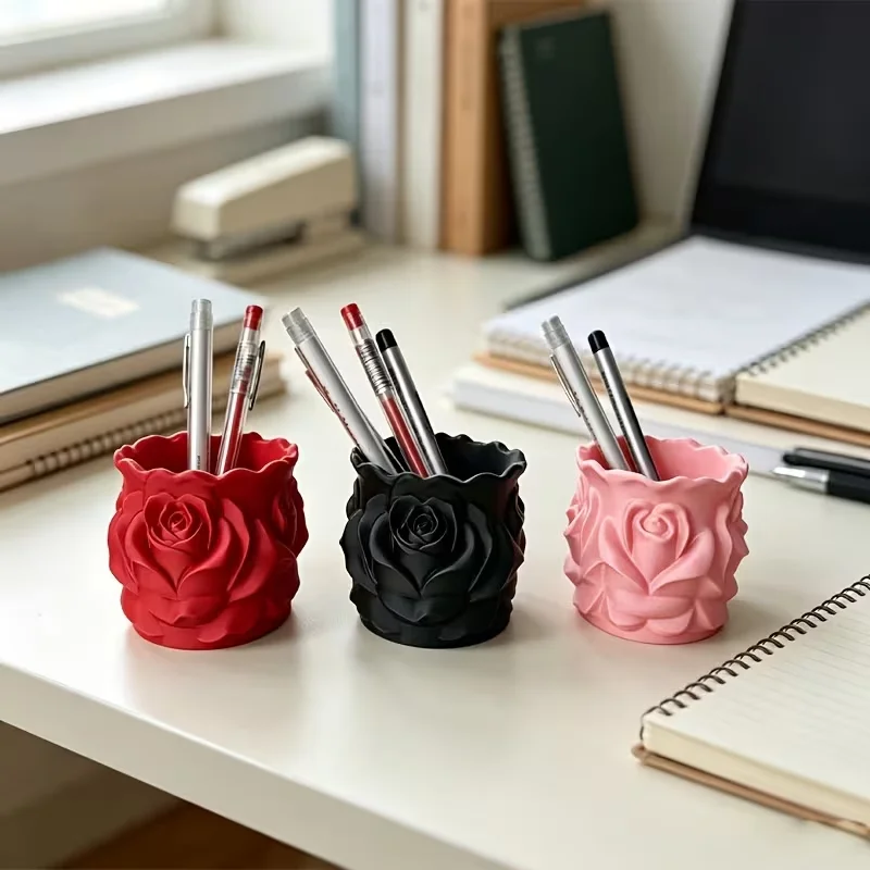 3D Printed Romantic Rose Pen Holder Embossed Floral Sculpture Desktop Stationery Organizer Flower Makeup Brush Storage Cup