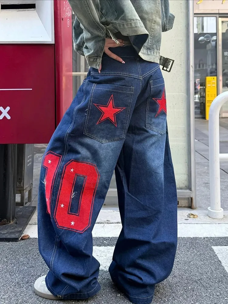 

Washed Deep Blue Jeans with Letter And Star Patterns Loose Wide Leg Street Style for Men And Women Spring Summer Autumn