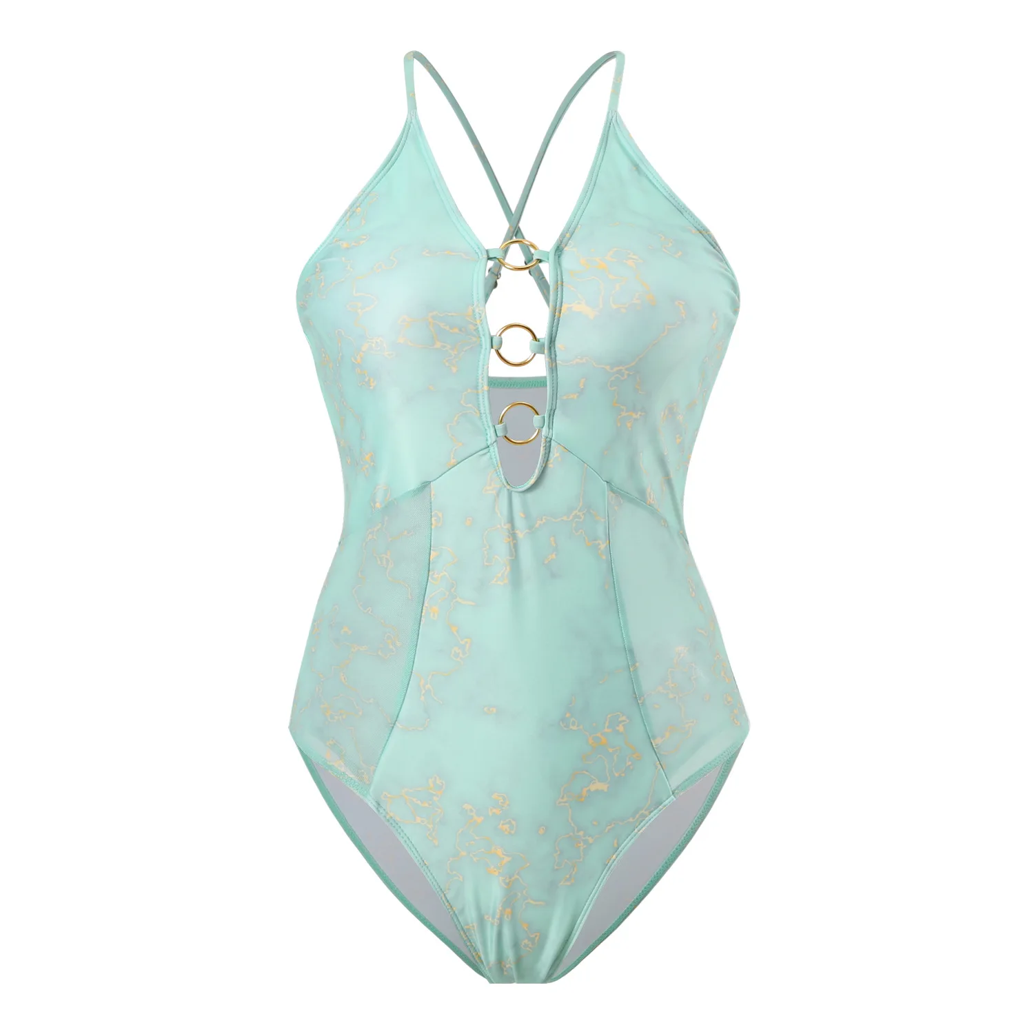 

Women's One Piece Swimsuit Marble Print Gold Ring Tummy Control Push Up Bathing Suit Beach Vacation 2025 Summer Sexy Bikini