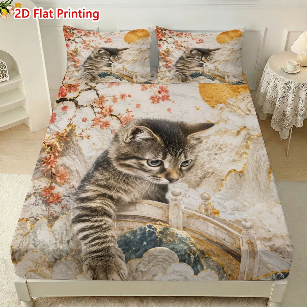 3-Piece Mattress Protector Set, 2D Flat Print Art of Tabby Cat Kittens and Cherry Blossom Bridge, Fitted Sheet and Pillowcase Set, Bedding, Home Bedroom Decoration, Holiday-Themed Fitted Sheet and Pillowcase, Mattress Protector, Stain-Resistant, Mattress Cover, Suitable for All Seasons, Machine Washable, Easy to Care For, Universal for Home Bedroom, Essential for Dorms and Rentals, Master Bedroom and Guest Room Decoration, Dust-Proof and Stain-Resistant, High Elasticity, Fits Various Sizes
