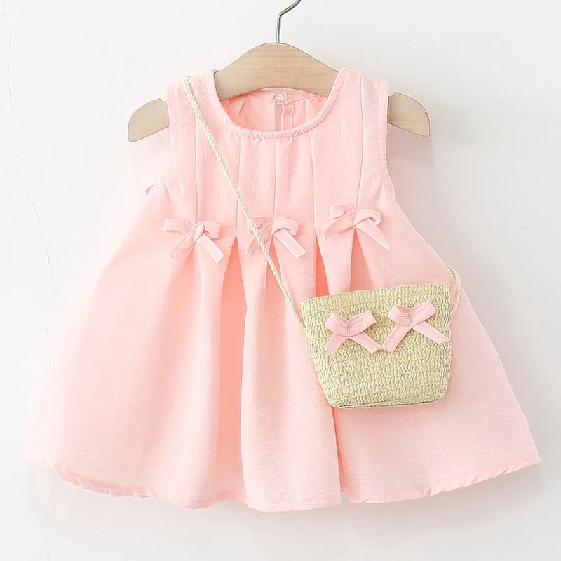 

2Piece Sets Summer Costumes Children Clothes Girls Korean Cute Bow Sleeveless Pink Cotton Luxury Dresses+Bag Princess Dress B096