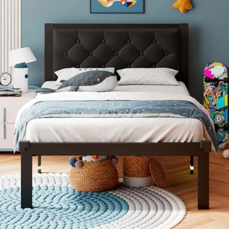 Twin Size Metal Bed Frame, Faux Leather Platform Bed Frame with Button Tufted Headboard, 12" Underbed Space, Steel
